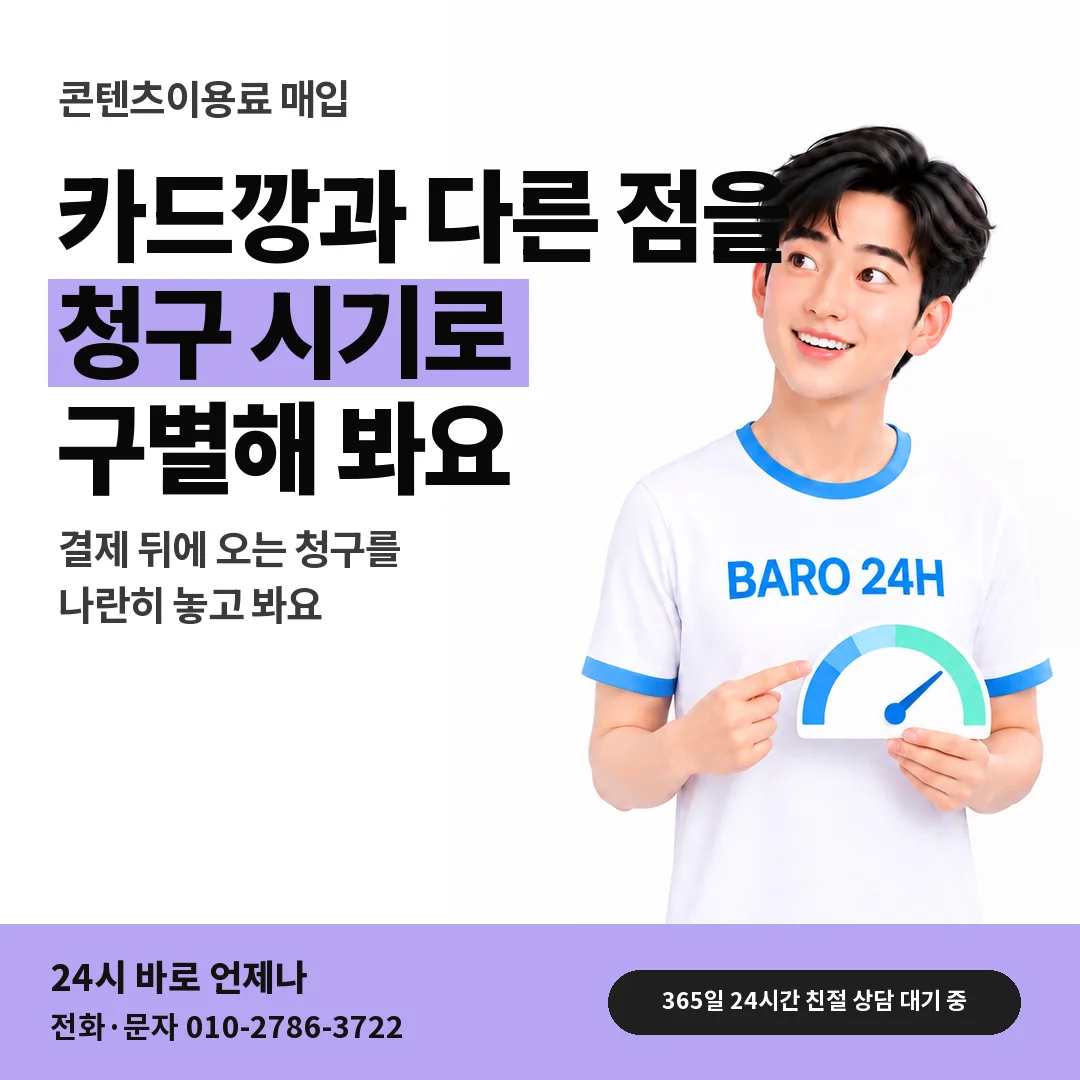 BARO 24H 티셔츠를 입은 3D 인물 옆에 「카드깡과 다른 점」 제목을 얹은 안내 카드